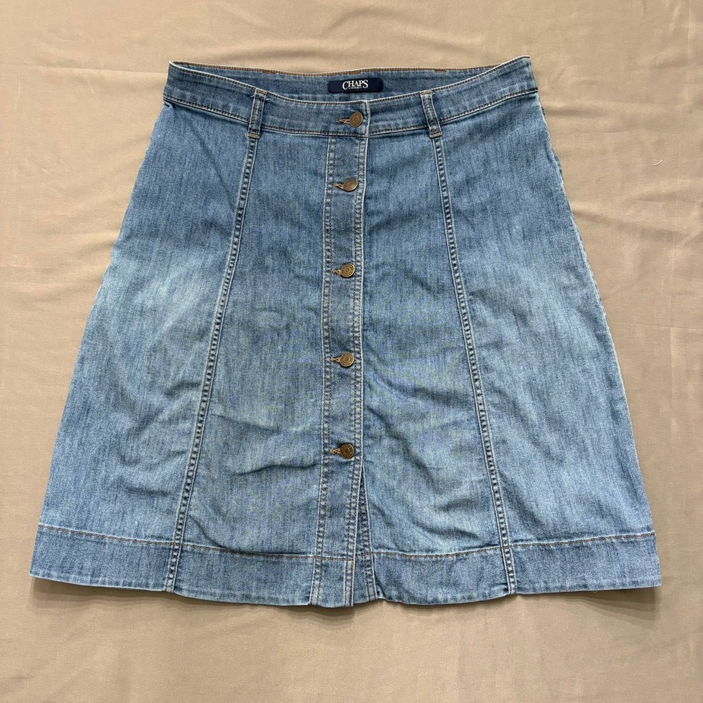 Chaps Denim Womens Blue Button Front A-Line Jean Skirt Size 10 Medium Wash